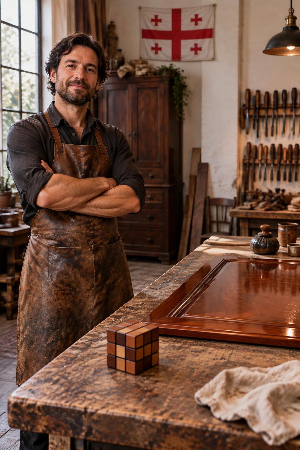 A craftsman in a leather apron at his workbench under a Georgian flag, with a small wooden cube and a polished mahogany panel in front of him