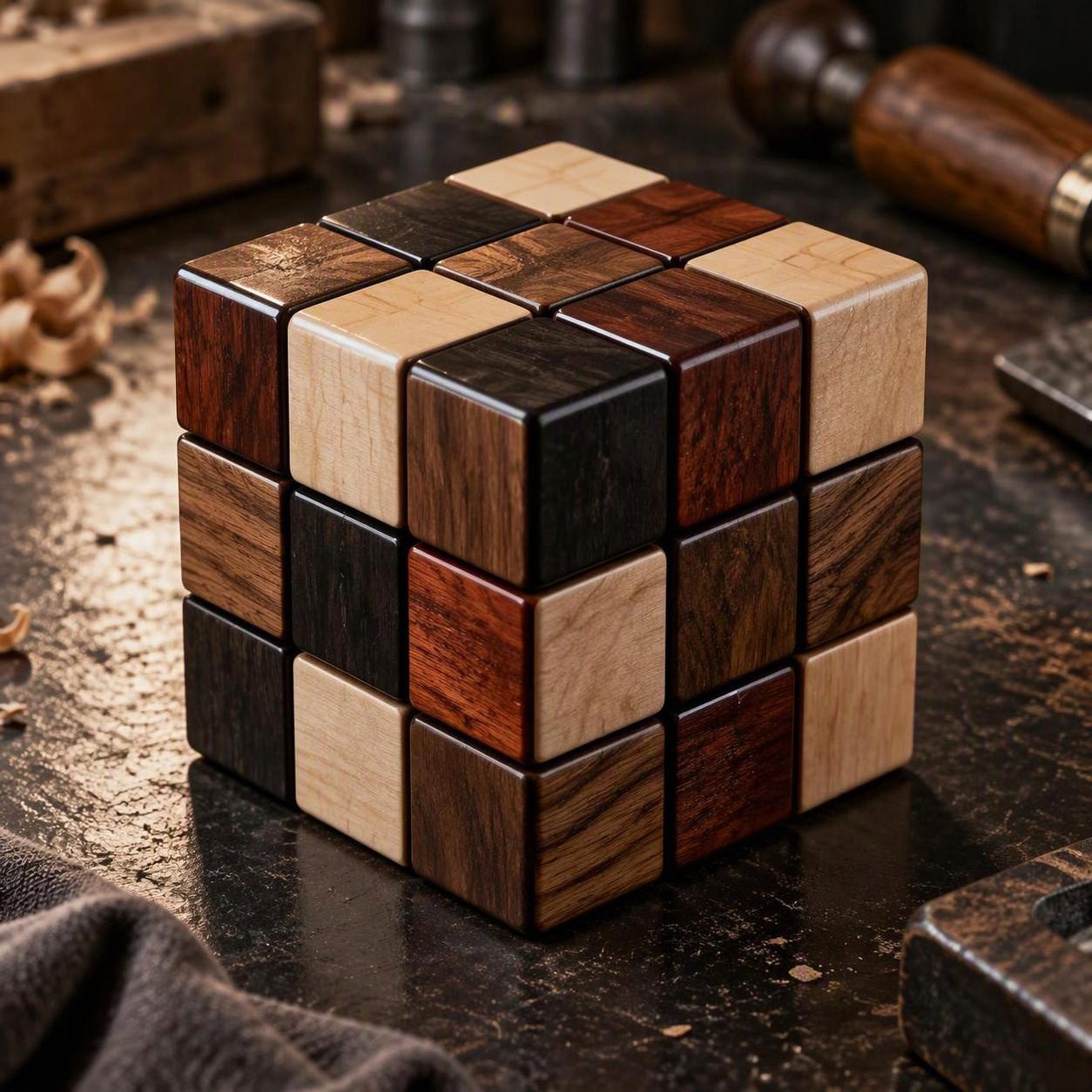 A puzzle cube made of walnut, maple, mahogany and other hardwoods, polished to a high gloss on a workbench