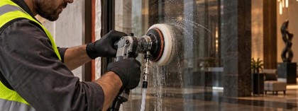 Operative in hi-vis polishing scratches out of a glass partition with a rotary polisher and water feed