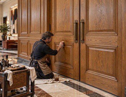 Craftsman kneeling to repair a panelled oak double door in a hotel lobby, with his finishing kit on a trolley beside him