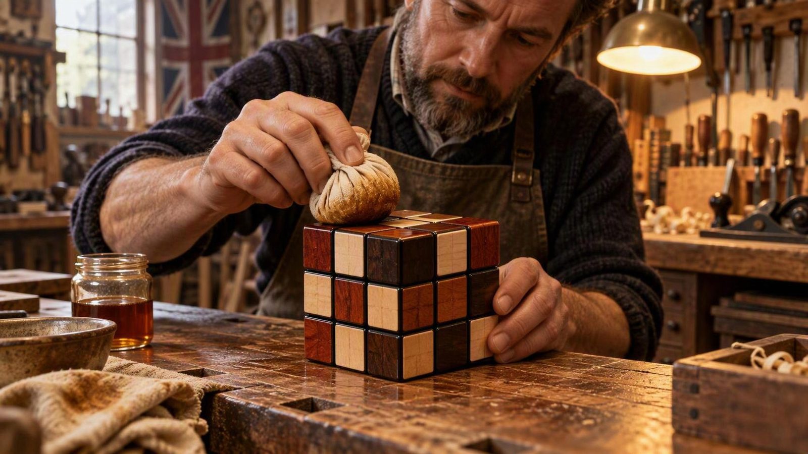 A French polisher buffing a wooden cube with a cloth rubber at a workbench