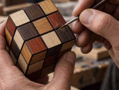 Fine brush touching up the colour on one block of a wooden cube